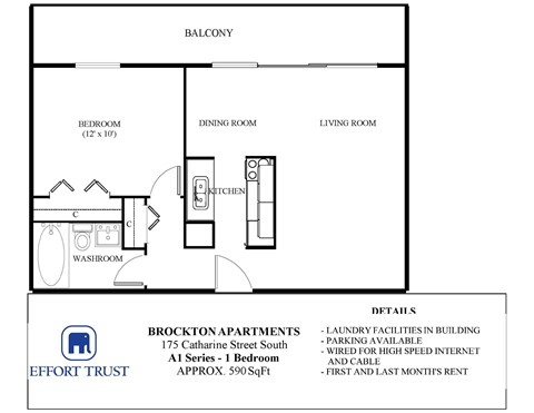 A floor plan for a one bedroom apartment with a laundry facility in the building.